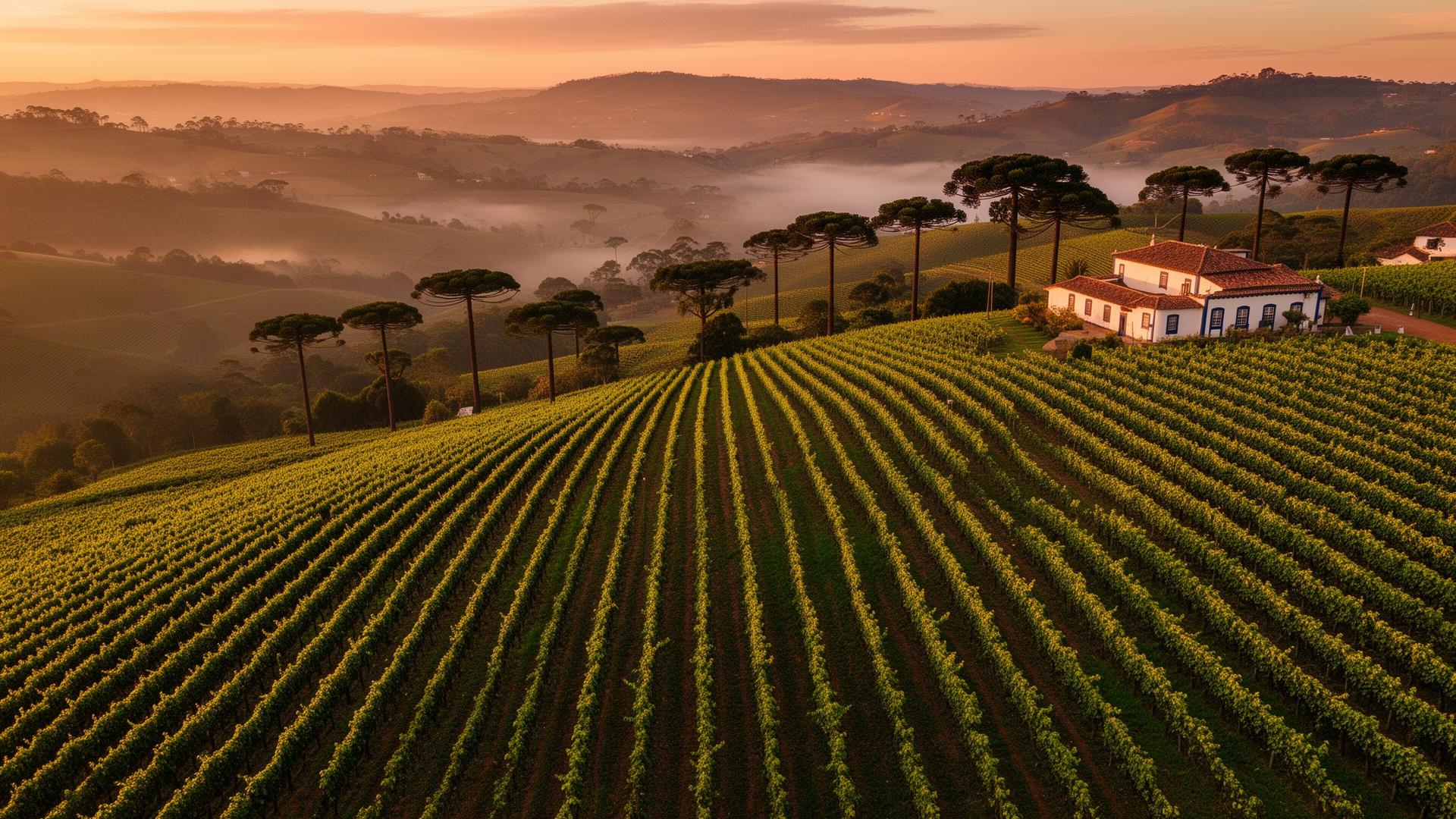 Vinhedos na Serra Gaúcha ao pôr do sol